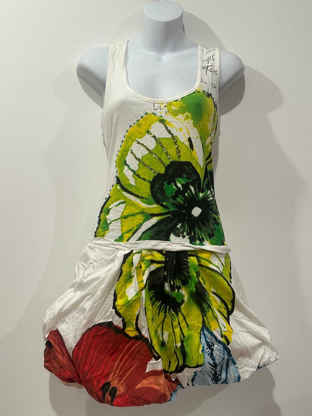Vintage Desigual Graphic Floral Sequin Drop Waist Bubble Hem Dress Small